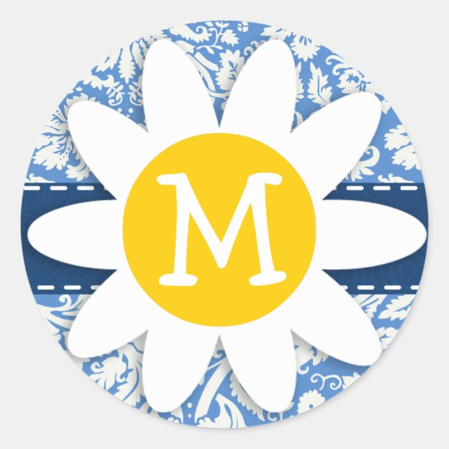 Blue Damask; Daisy Runder Aufkleber (Vorderseite)