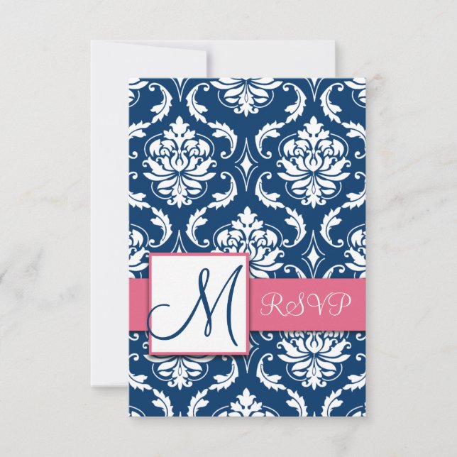 Blue Damask Erste RSVP-Karten für Square Einladung (Vorderseite)