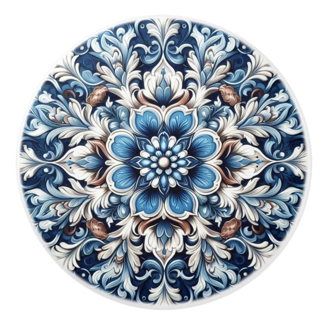 Blue Damask Fleur Mandala Keramikknauf (Vorderseite)