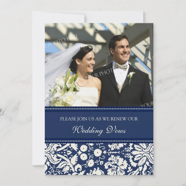 Blue Damask Foto Hochzeitstag Erneuerbare Einladun Einladung (Vorderseite)