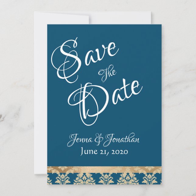 Blue Damask Gold Script Elegante Hochzeit Save The Date (Vorderseite)
