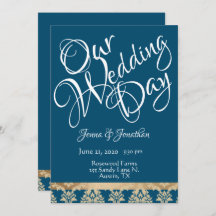 Blue Damask Gold Script Elegante Unser Hochzeitsta