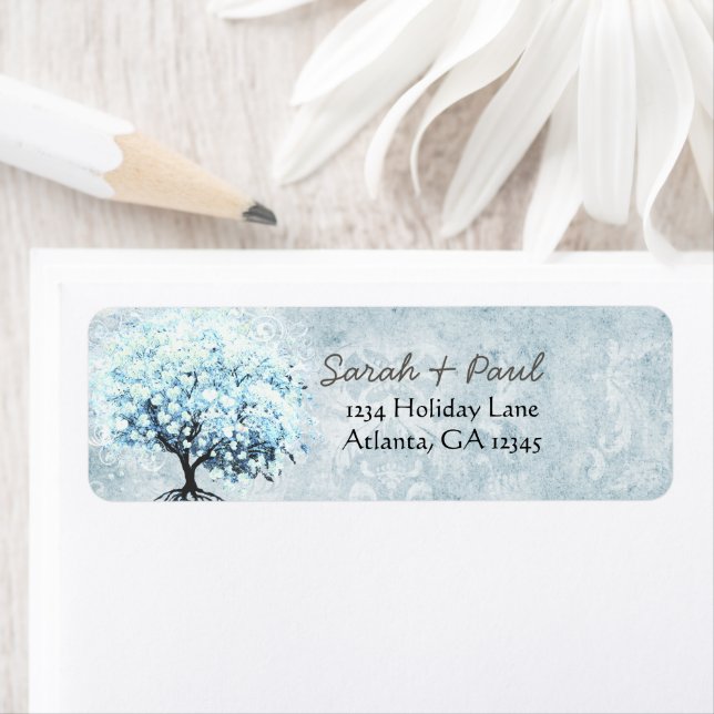 Blue Damask Heart Leaf Tree Hochzeitmarken (Insitu)