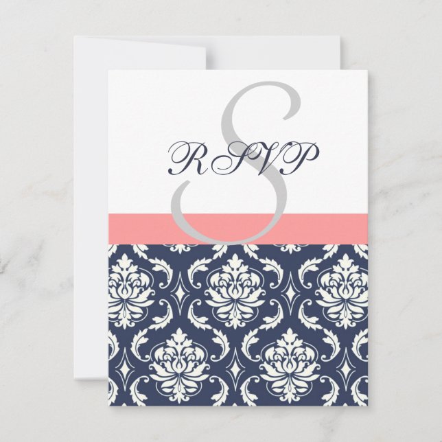 Blue Damask Hochzeit RSVP Cards Coral (Vorderseite)