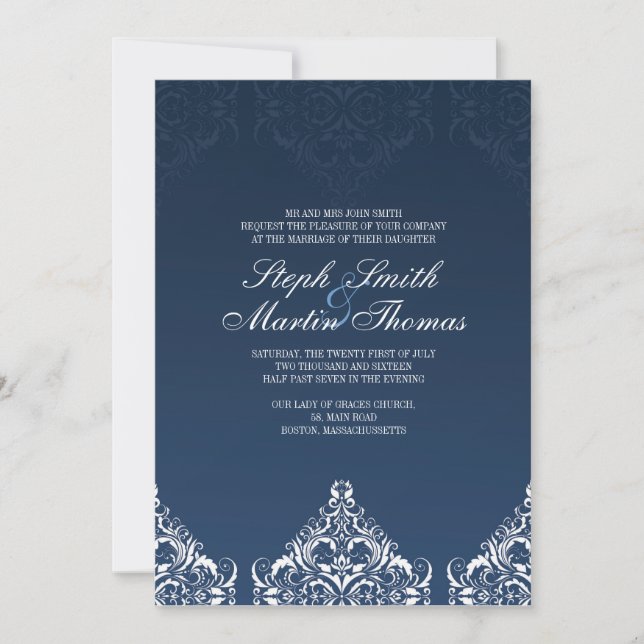 Blue Damask Hochzeitseinladung Einladung (Vorderseite)