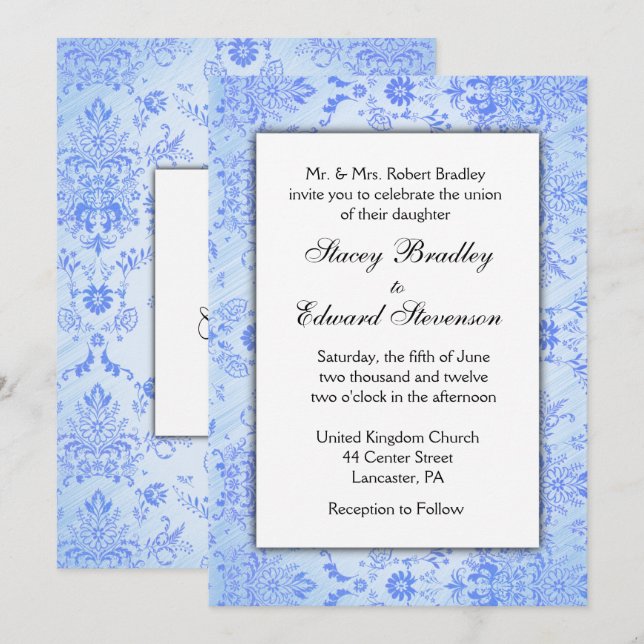 Blue Damask Hochzeitseinladung Einladung (Vorne/Hinten)
