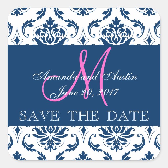 Blue Damask Initial Save the Date Aufkleber (Vorderseite)