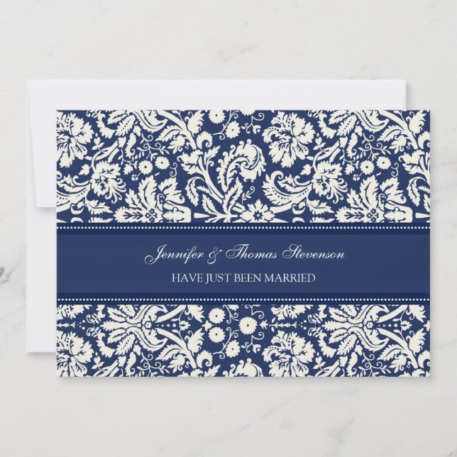 Blue Damask Just Married Announctions Cards Ankündigung (Vorderseite)