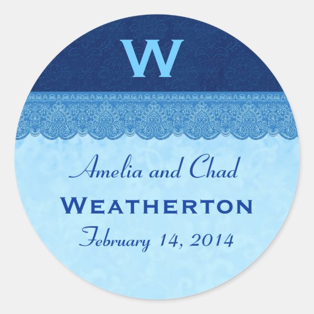 Blue Damask Lace Monogram Wedding G214 Runder Aufkleber (Vorderseite)