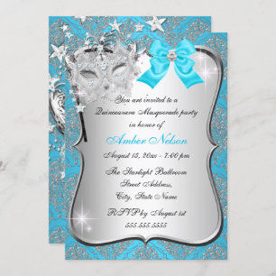 Blue Damask Masquerade einladen Einladung