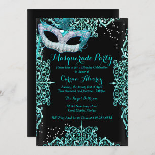 Blue Damask Masquerade Geburtstag Einladung