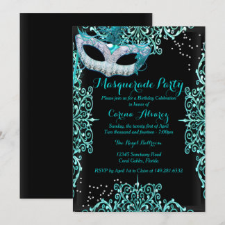 Blue Damask Masquerade Geburtstag Einladung