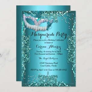Blue Damask Masquerade Party Geburtstag Einladung