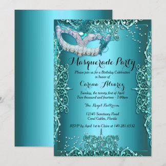 Blue Damask Masquerade Party Geburtstag Einladung