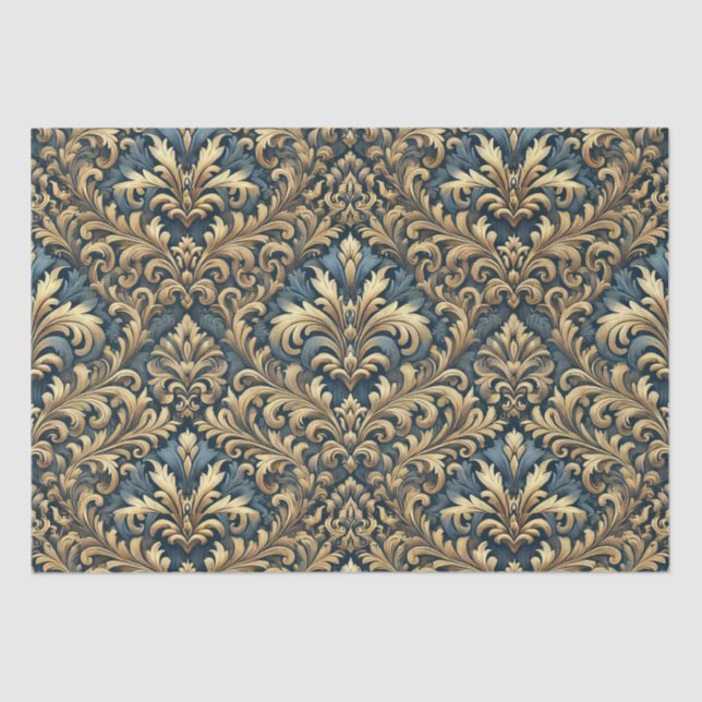 Blue Damask mit Gold-Muster-Decoupage Seidenpapier (Vorderseite)