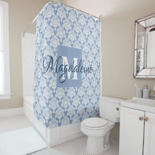 Blue Damask Mit Monogramm Duschvorhang mit Name