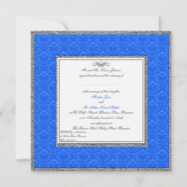 Blue Damask mit Pewter UK Einladung (Vorderseite)