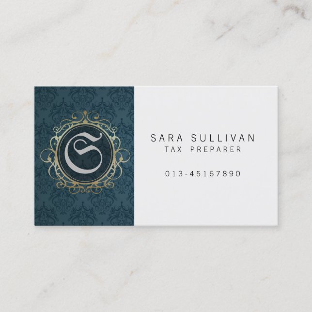 Blue Damask Monogram für Steuervorbereitung Financ Visitenkarte (Vorderseite)