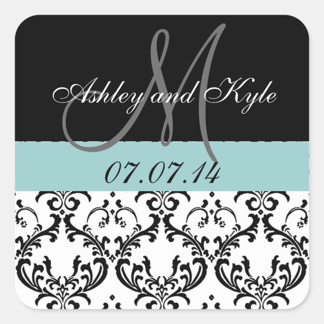 Blue Damask Monogram Save the Date Stickers (Vorderseite)