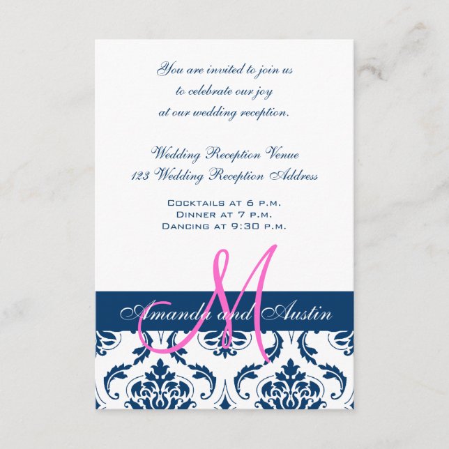 Blue Damask Monogram Wedding Reception Begleitkarte (Vorderseite)