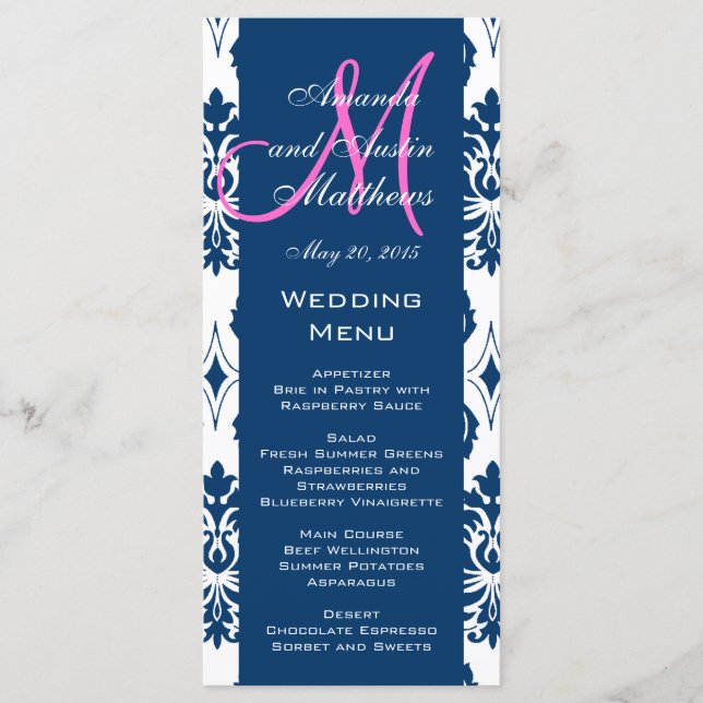 Blue Damask Monogram Wedelmenu Cards Menükarte (Vorderseite)