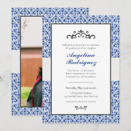 Blue Damask Muster Foto Abschluss Einladung