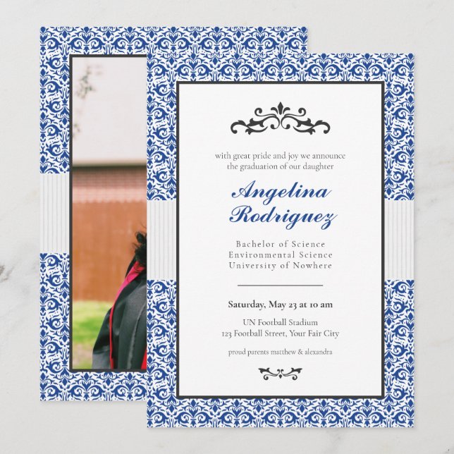 Blue Damask Muster Foto Abschluss Einladung (Vorne/Hinten)