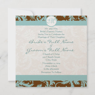 Blue Damask on Brown Wedding Einladung