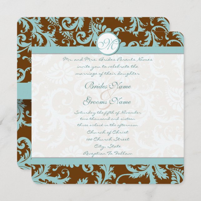 Blue Damask on Brown Wedding Einladung (Vorne/Hinten)