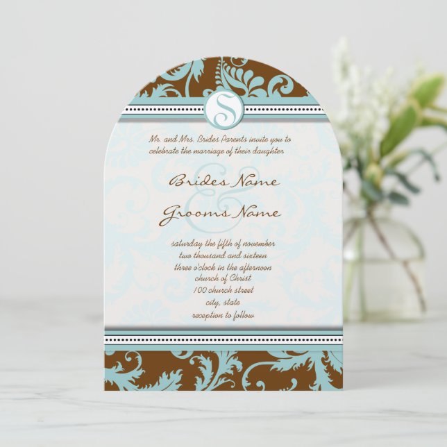 Blue Damask on Brown Wedding Einladung (Stehend Vorderseite)