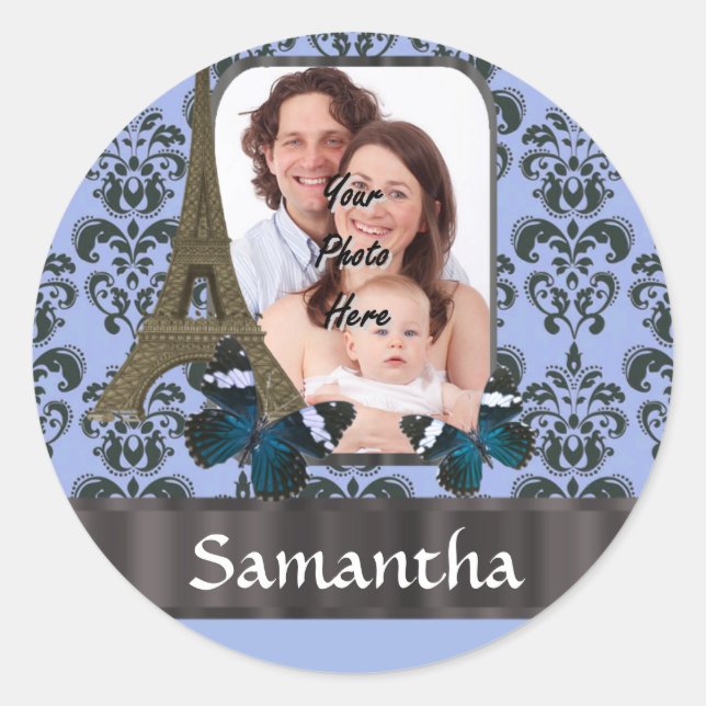 Blue Damask Paris Collage Runder Aufkleber (Vorderseite)