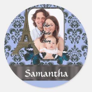 Blue Damask Paris Collage Runder Aufkleber