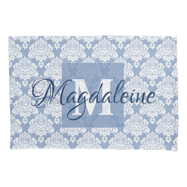 Blue Damask Pillow Case mit Monogramm und Name Kissenbezug (Vorderseite)