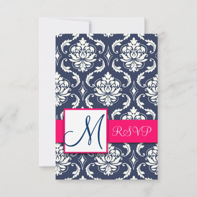 Blue Damask Pink RSVP Karten für Square Einladunge (Vorderseite)