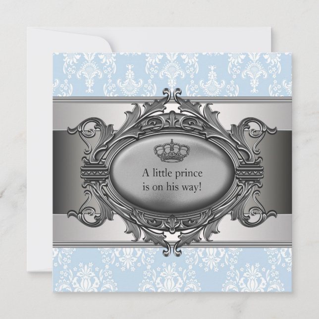 Blue Damask Prince Baby Boy Dusche Einladung (Vorderseite)