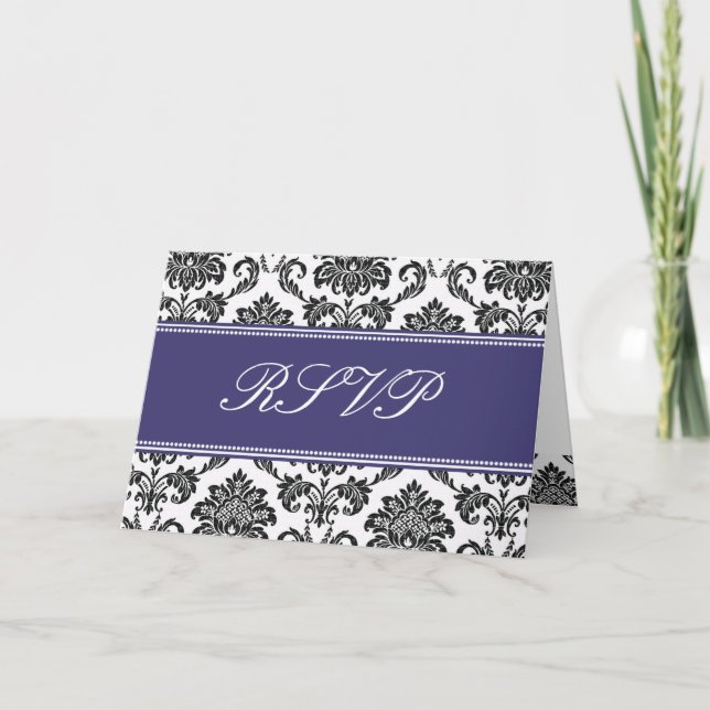Blue Damask RSVP-Karte Einladung (Vorderseite)