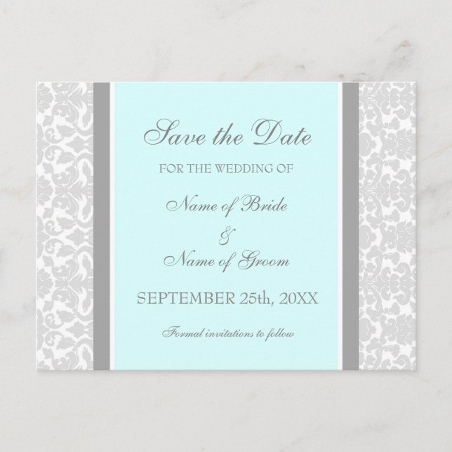 Blue Damask Save the Date Hochzeitskarten Ankündigungspostkarte (Vorderseite)
