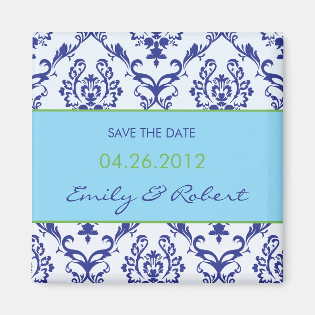 Blue Damask Save the Date Hochzeitsmagnet Magnet (Vorne)