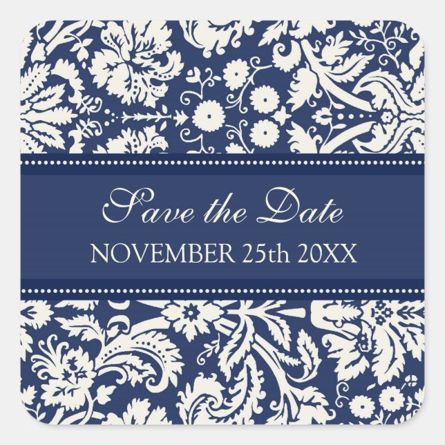Blue Damask Save the Date Umschlag Aufkleber (Vorderseite)