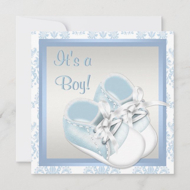 Blue Damask Shoes Blue Damask Baby Boy Dusche Einladung (Vorderseite)