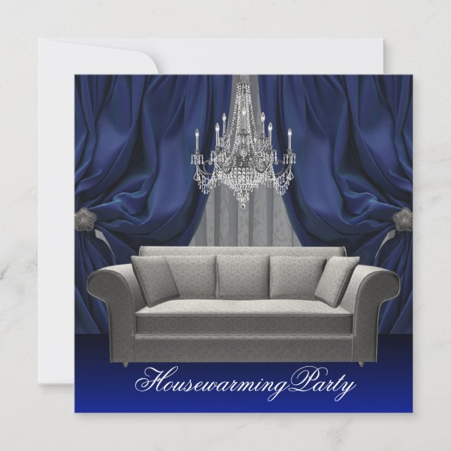 Blue Damask Sofa Chandelier Housewarming Party Einladung (Vorderseite)
