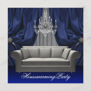 Blue Damask Sofa Chandelier Housewarming Party Einladung