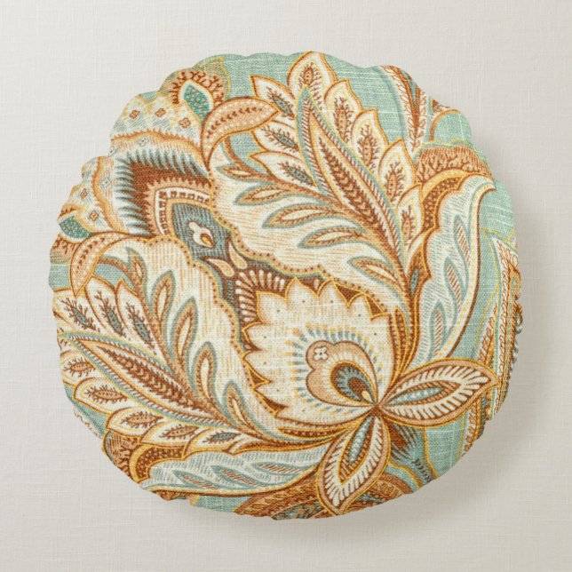 Blue Damask Style Rundes Kissen (Vorderseite)