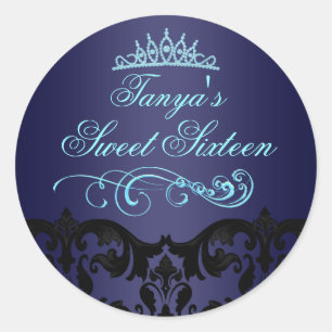 Blue Damask & Swirl Sweet 16 Umschlag Aufkleber/Si Runder Aufkleber