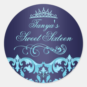 Blue Damask & Tiara Sweet 16 Umschlag Sticker/Sieg Runder Aufkleber