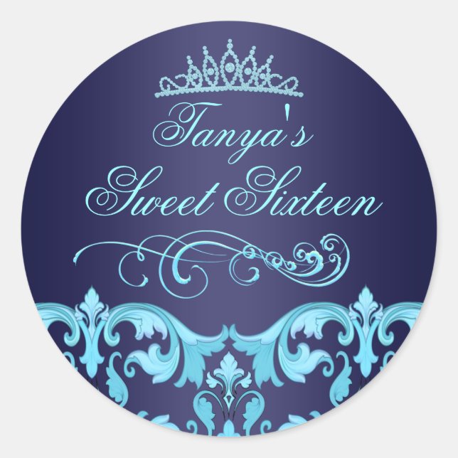 Blue Damask & Tiara Sweet 16 Umschlag Sticker/Sieg Runder Aufkleber (Vorderseite)