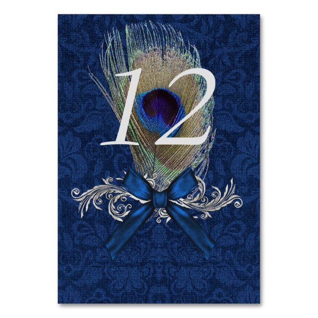 Blue Damask und Peacock Feather Tischnummer Card (Vorderseite)