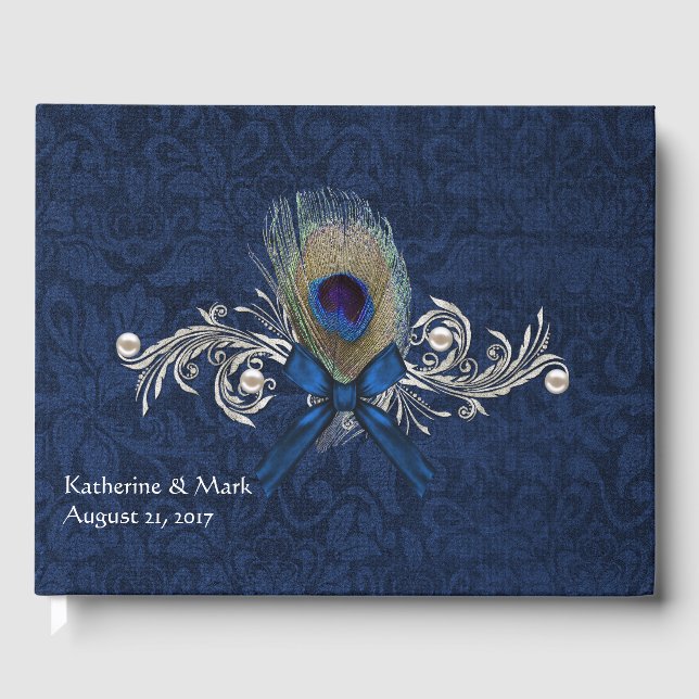 Blue Damask und Peacock Feather Wedding Gästebuch (Vorderseite)