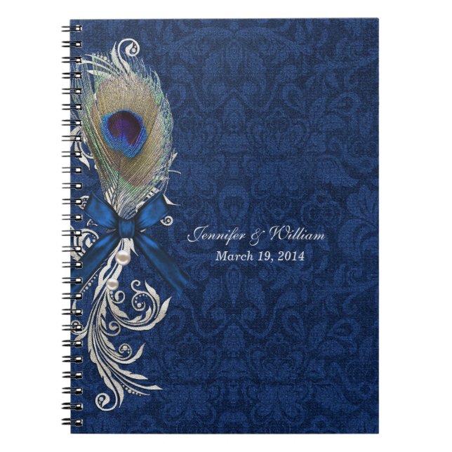 Blue Damask und Peacock Feather Wedding Notebook Notizblock (Vorderseite)