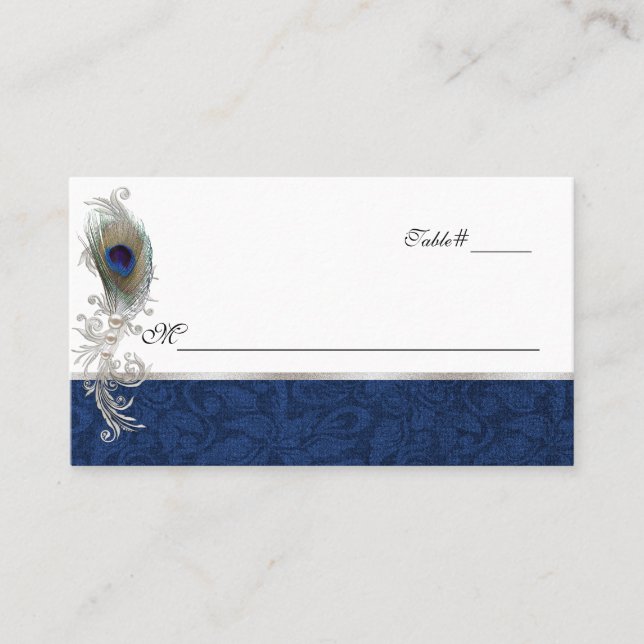 Blue Damask und Peacock Feather Wedding Platzkarte (Vorderseite)